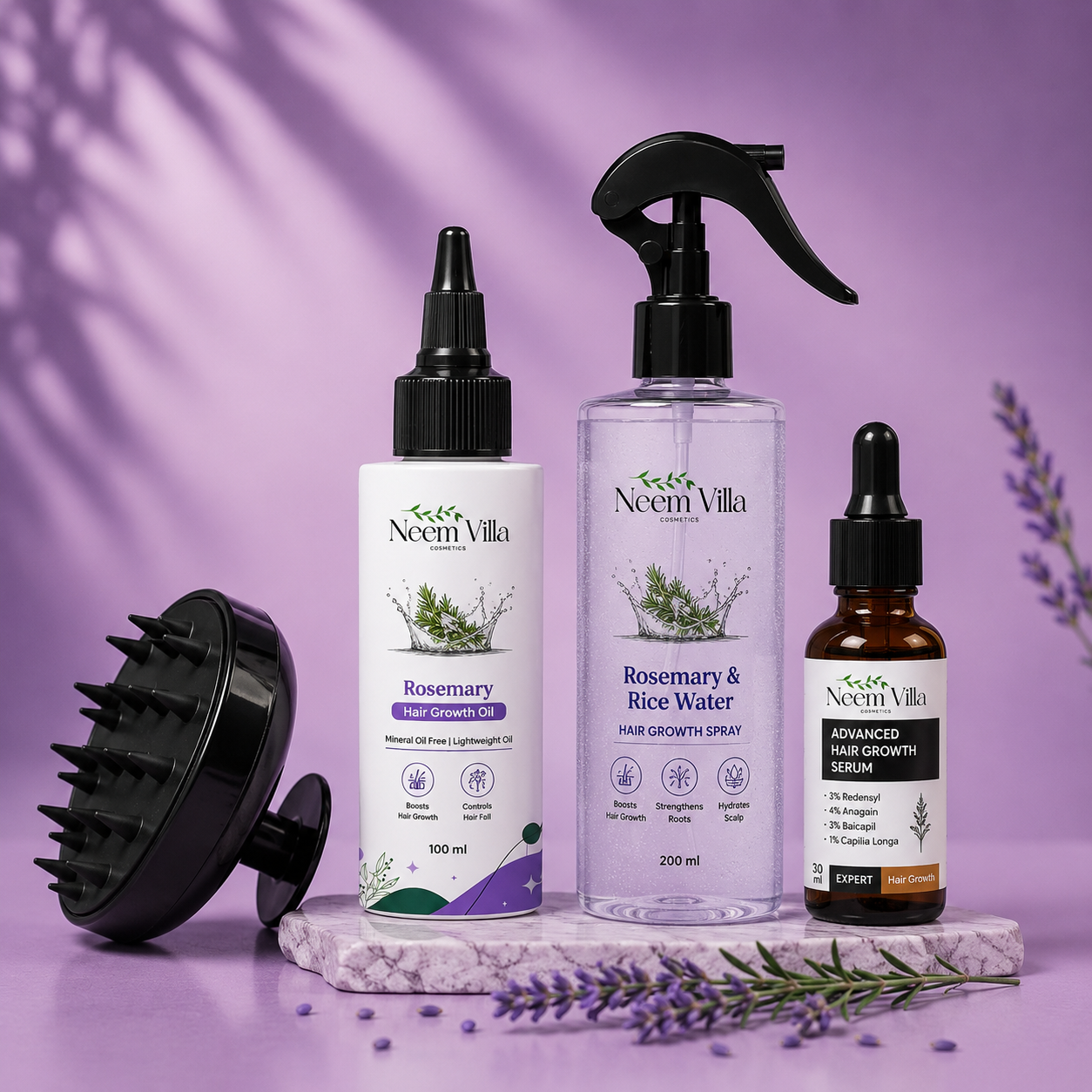 Hair Growth Serum (30 ml), Scalp Massager, Rosemary Oil (100 ml) & Rosemary Hair Spray (200 ml) Combo for Hair Growth
