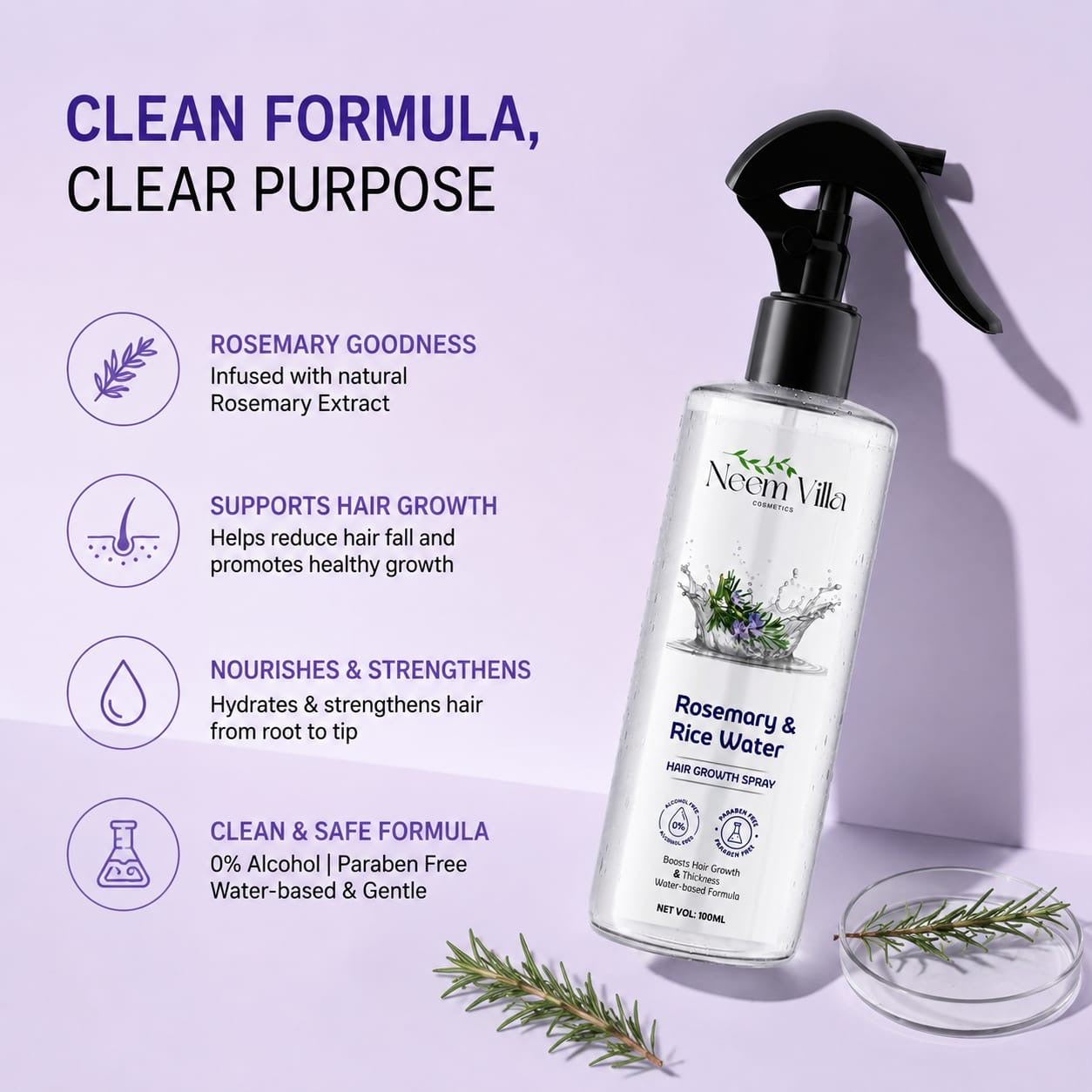 Hair Growth Serum (30 ml), Scalp Massager, Rosemary Oil (100 ml) & Rosemary Hair Spray (200 ml) Combo for Hair Growth