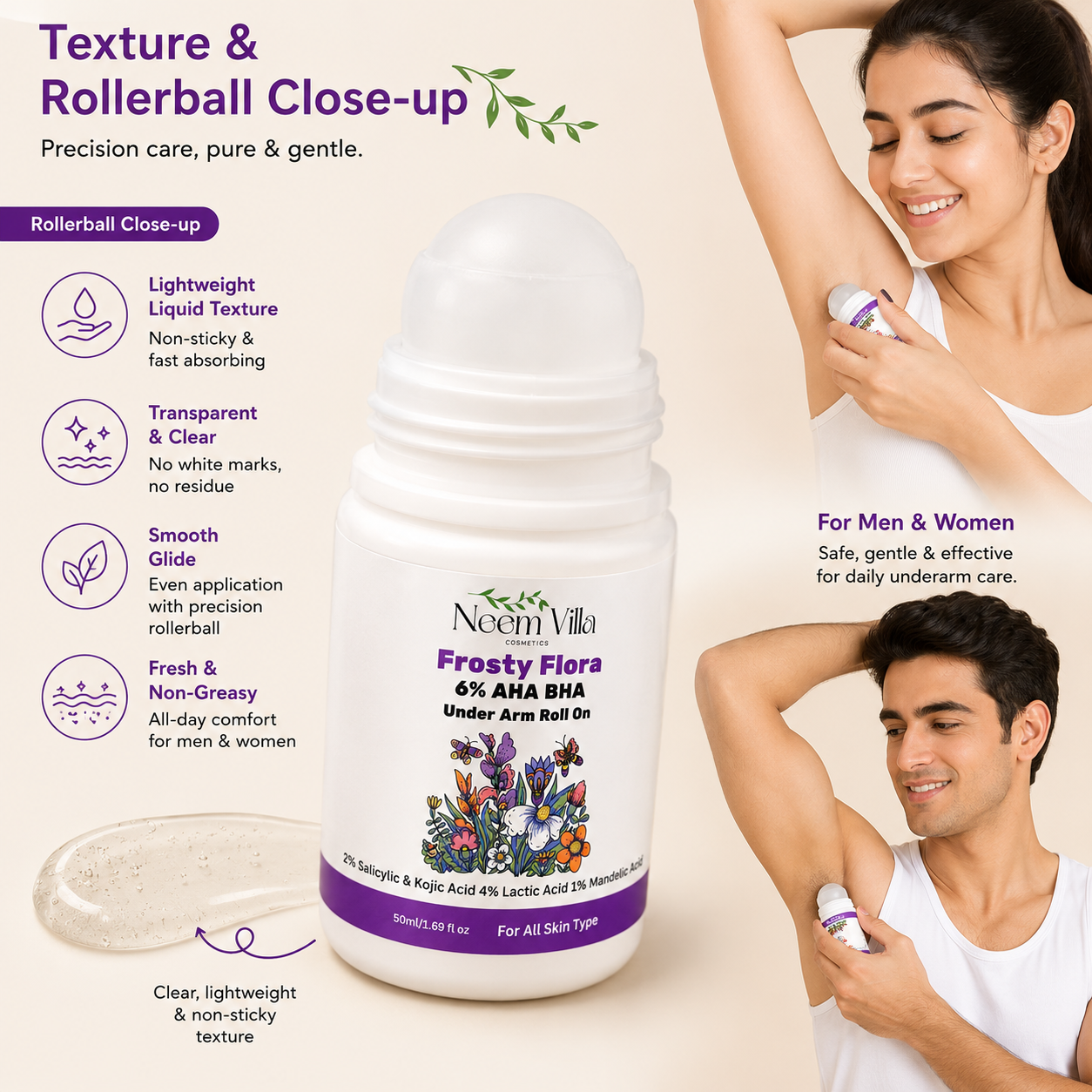 Neem Villa Frosty Flora 6% AHA BHA Under Arm Roll On (50ml)