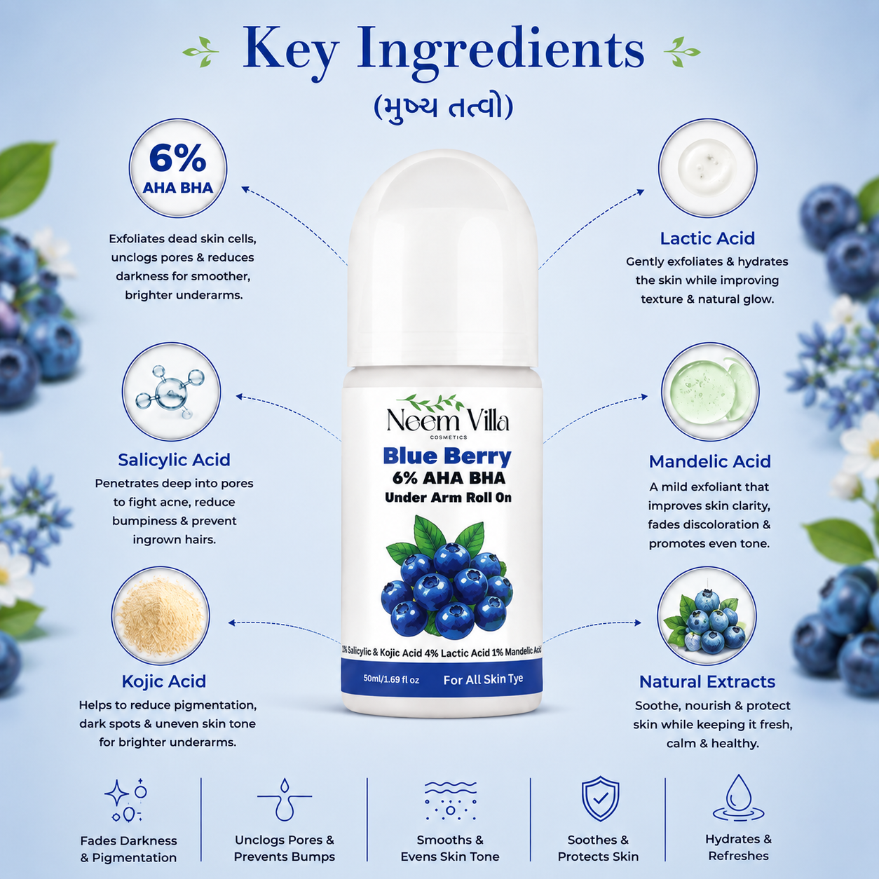 Neem Villa Blue Berry 6% AHA BHA Under Arm Roll On (50ml)
