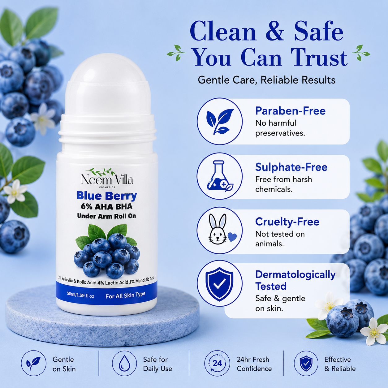 Neem Villa Blue Berry 6% AHA BHA Under Arm Roll On (50ml)